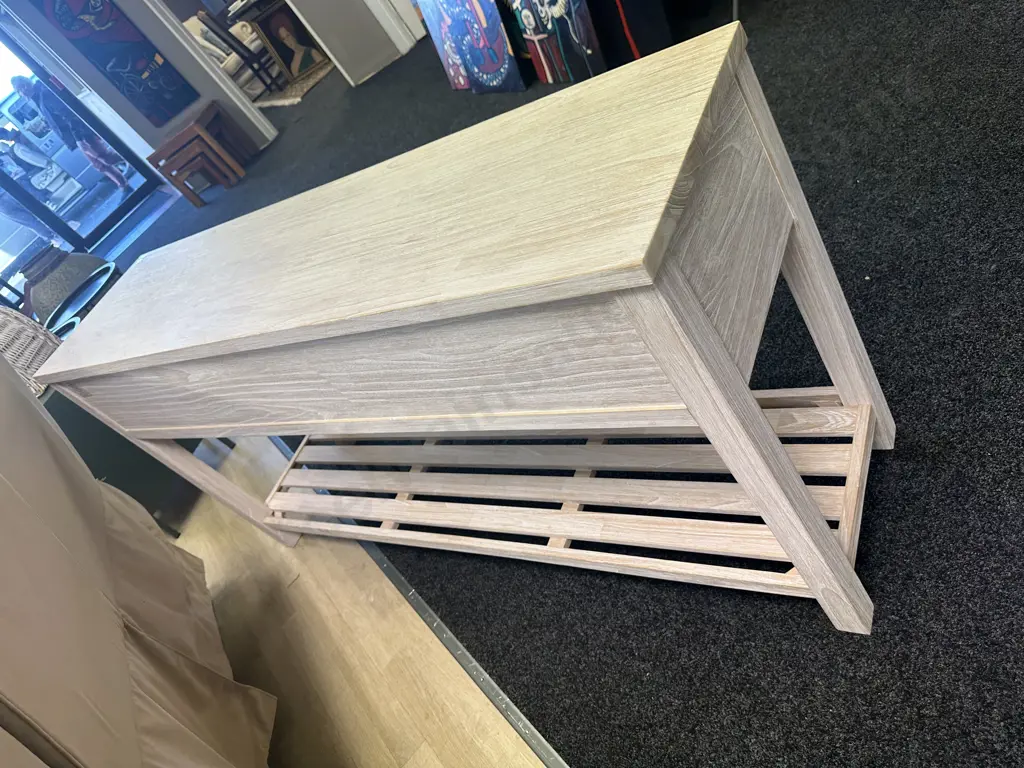 Ex Danske Mobler White Washed 3 Drawer Console Table With Slat Shelf At Base. H80 W160 D40cm Image 1++