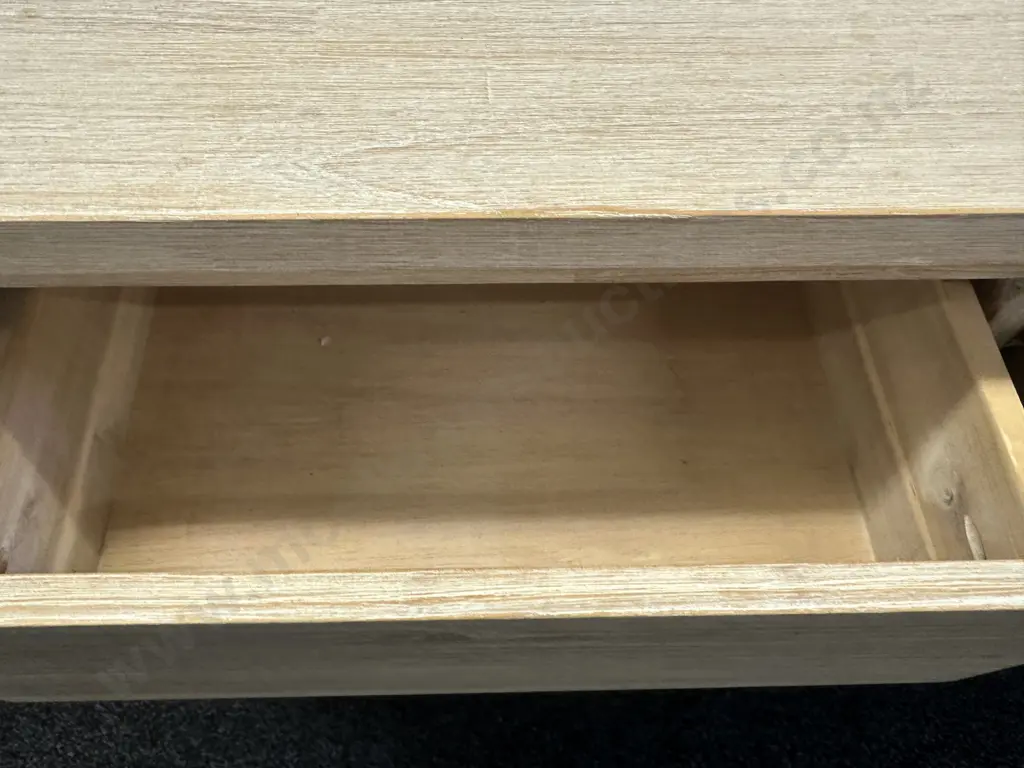 Ex Danske Mobler White Washed 3 Drawer Console Table With Slat Shelf At Base. H80 W160 D40cm Image 1++