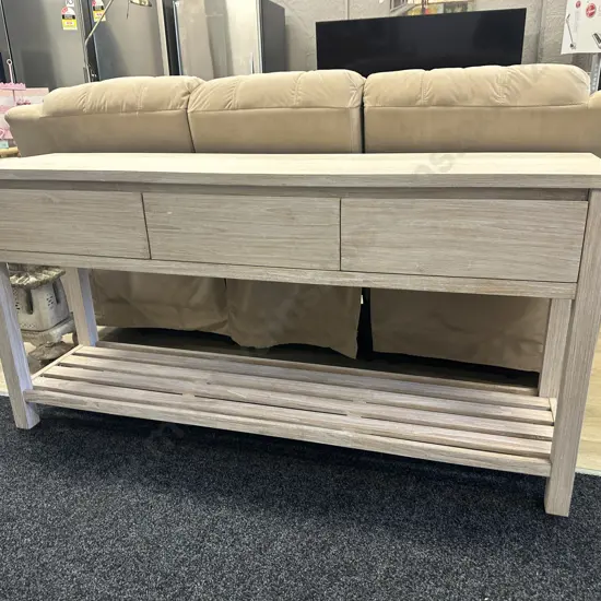 Ex Danske Mobler White Washed 3 Drawer Console Table With Slat Shelf At Base. H80 W160 D40cm