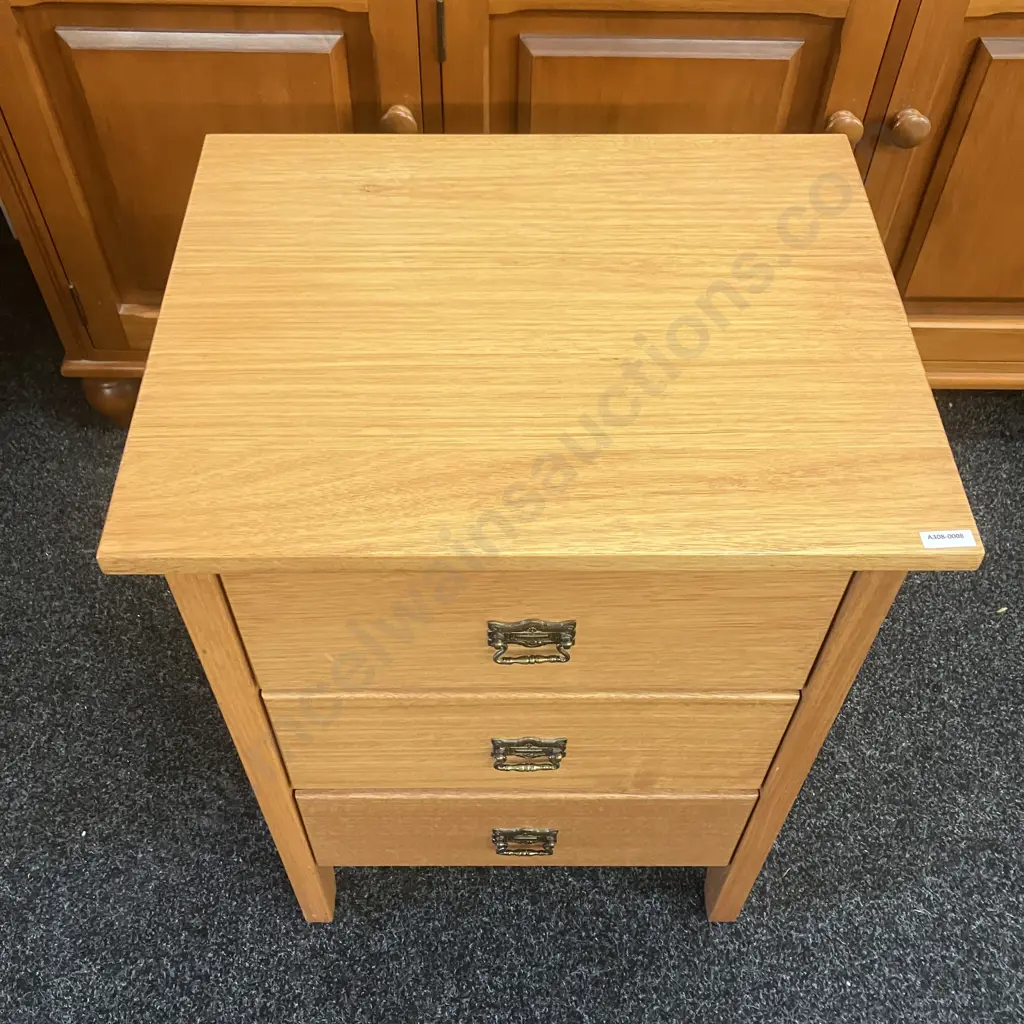 Wentworth Furniture (Aus) Oak Three Drawer Bedside, Ornate Metal Handles. H69 W52 D42cm Image 1++