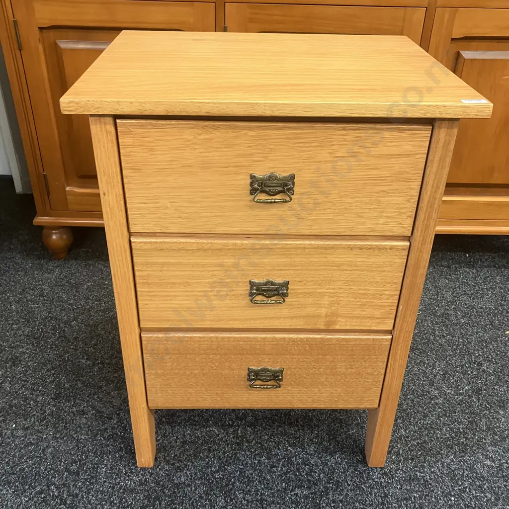 Wentworth Furniture (Aus) Oak Three Drawer Bedside, Ornate Metal Handles. H69 W52 D42cm Image 1++