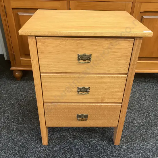 Wentworth Furniture (Aus) Oak Three Drawer Bedside, Ornate Metal Handles. H69 W52 D42cm