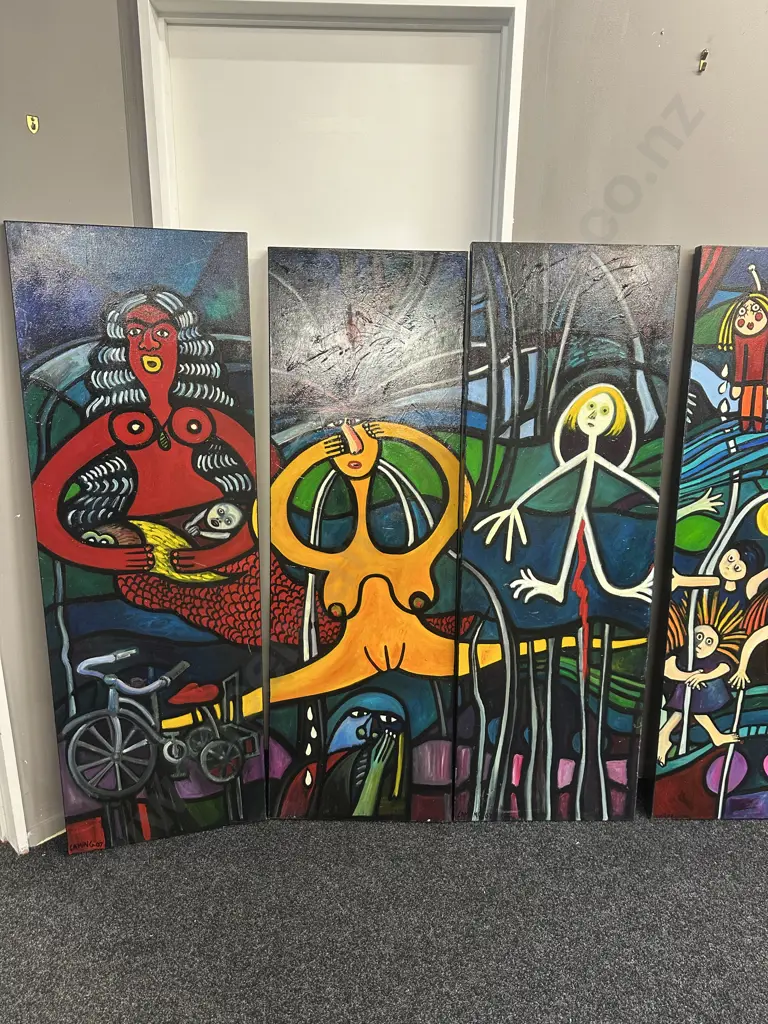 Jean Laming (NZ Artist) Oil On Canvas, Collection of 9 x Totems Dated 2007 & 4 x Totems Dated 2009. 153 x 51cm Image 1++