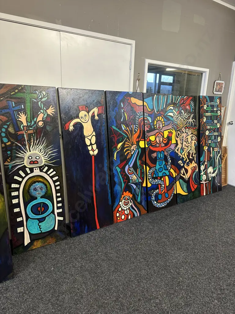 Jean Laming (NZ Artist) Oil On Canvas, Collection of 9 x Totems Dated 2007 & 4 x Totems Dated 2009. 153 x 51cm Image 1++