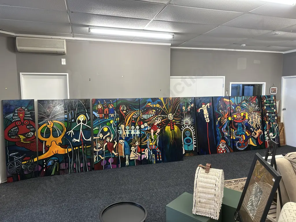 Jean Laming (NZ Artist) Oil On Canvas, Collection of 9 x Totems Dated 2007 & 4 x Totems Dated 2009. 153 x 51cm Image 1++