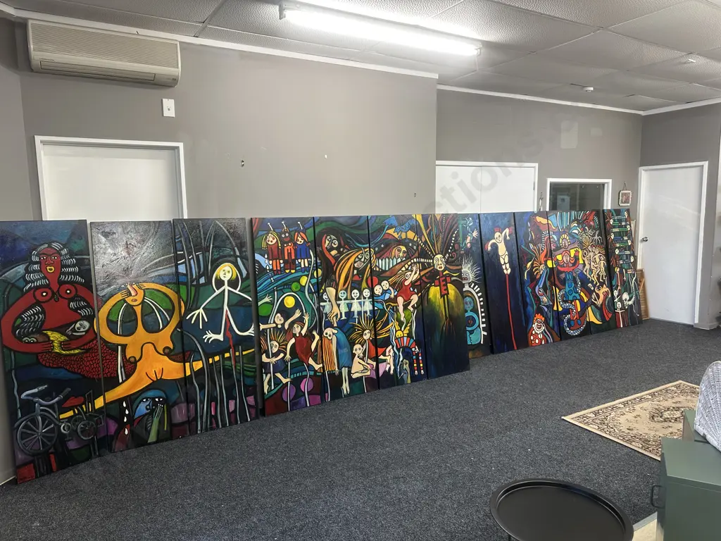 Jean Laming (NZ Artist) Oil On Canvas, Collection of 9 x Totems Dated 2007 & 4 x Totems Dated 2009. 153 x 51cm Image 1++