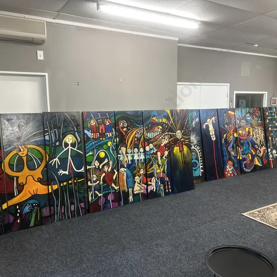 Jean Laming (NZ Artist) Oil On Canvas, Collection of 9 x Totems Dated 2007 & 4 x Totems Dated 2009. 153 x 51cm