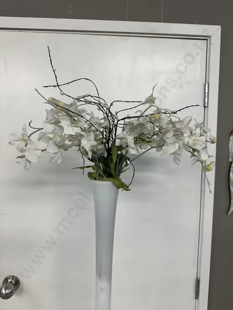 White Slender Art Glass Vase With Artificial Flowers. H80cm Image 1++
