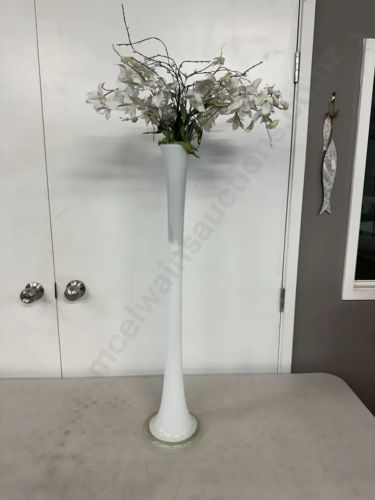 White Slender Art Glass Vase With Artificial Flowers. H80cm Image 1++