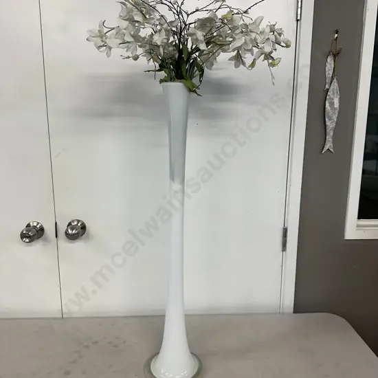 White Slender Art Glass Vase With Artificial Flowers. H80cm