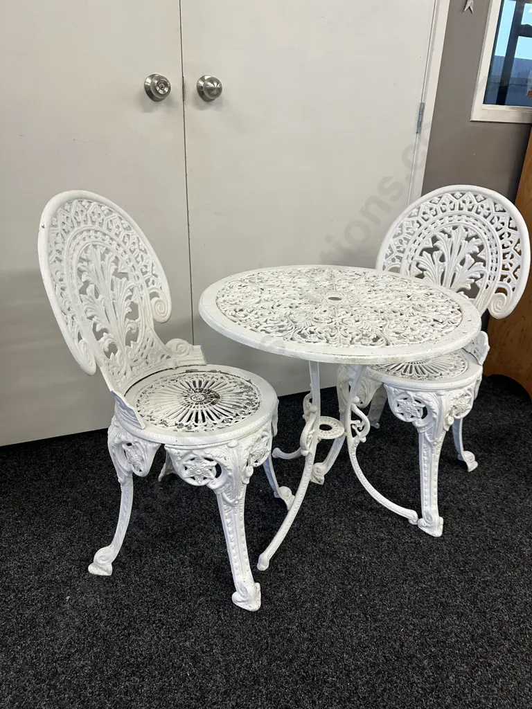Vintage Cast Aluminium White Ornate Round Outdoor Table And Two Chairs Image 1++