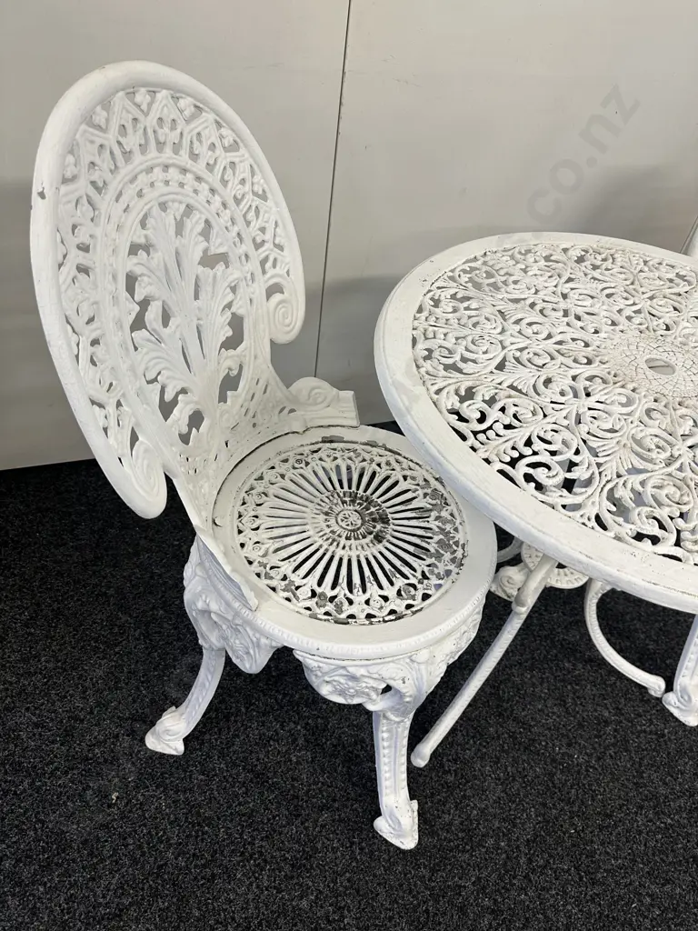 Vintage Cast Aluminium White Ornate Round Outdoor Table And Two Chairs Image 1++