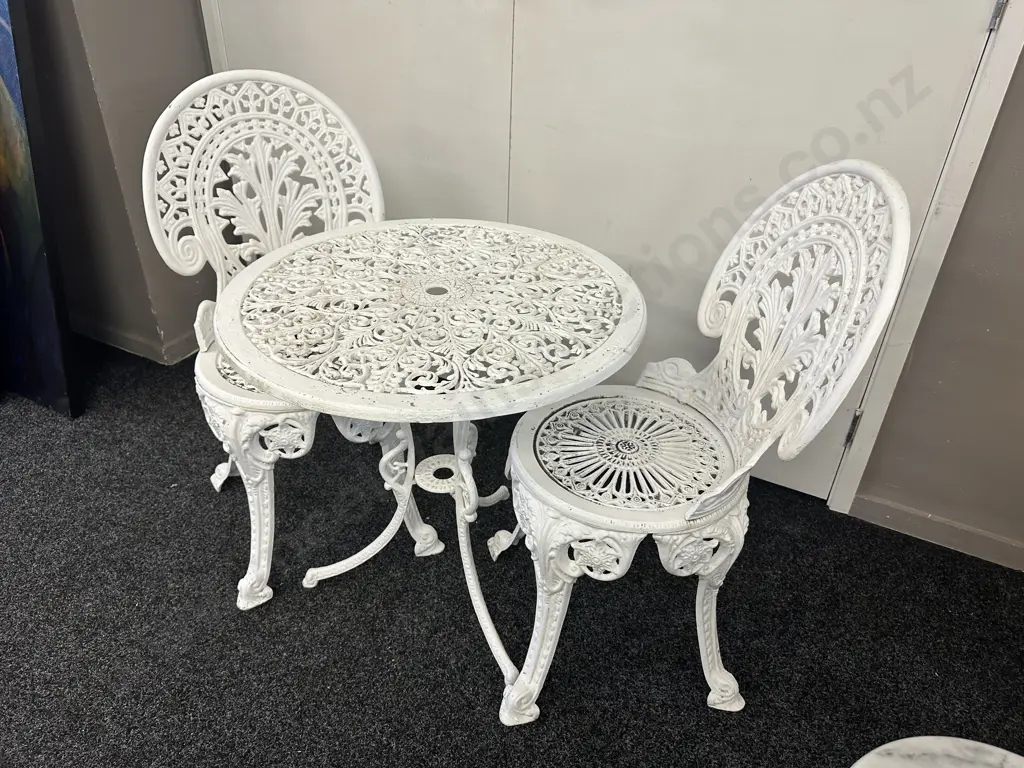 Vintage Cast Aluminium White Ornate Round Outdoor Table And Two Chairs Image 1++