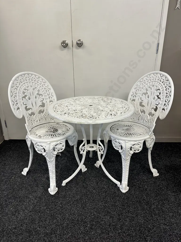 Vintage Cast Aluminium White Ornate Round Outdoor Table And Two Chairs Image 1++