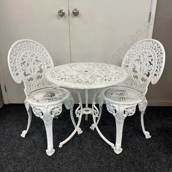 Vintage Cast Aluminium White Ornate Round Outdoor Table And Two Chairs