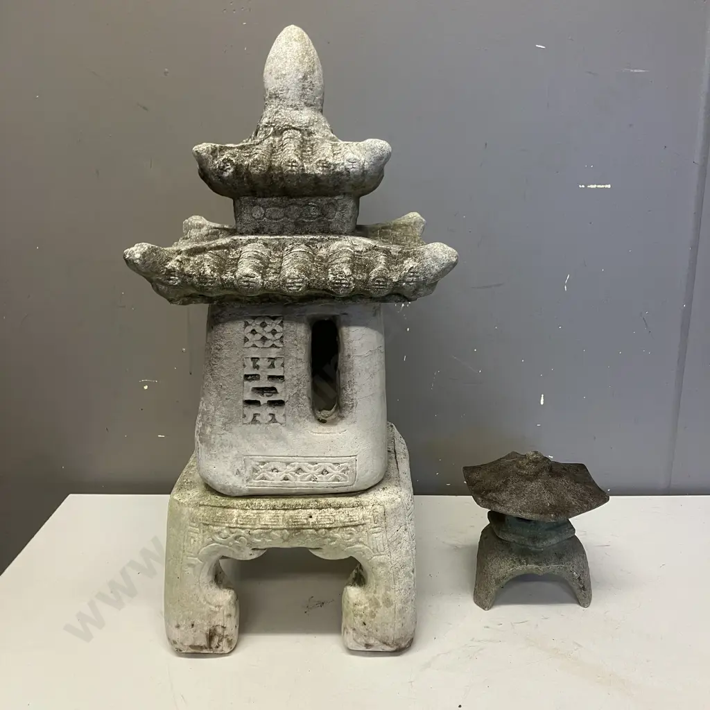 Pair of Concrete Japanese Style Stone Lanterns. H55cm & 17cm Image 1++