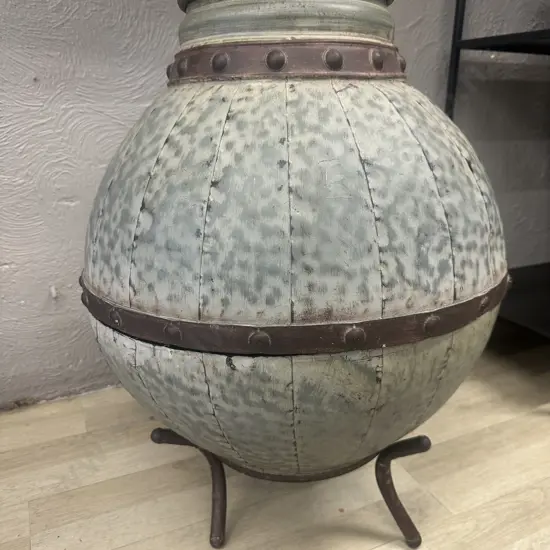 Large Brown & Fawn Decorative Metal Urn With Dome Detail. H68cm