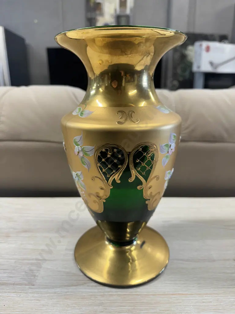 Vintage Bohemian Green/Gold Glass Vase H27cm. Image 1++