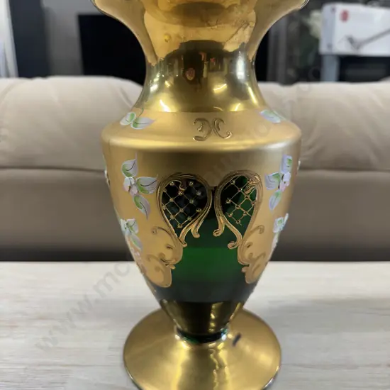 Vintage Bohemian Green/Gold Glass Vase H27cm.