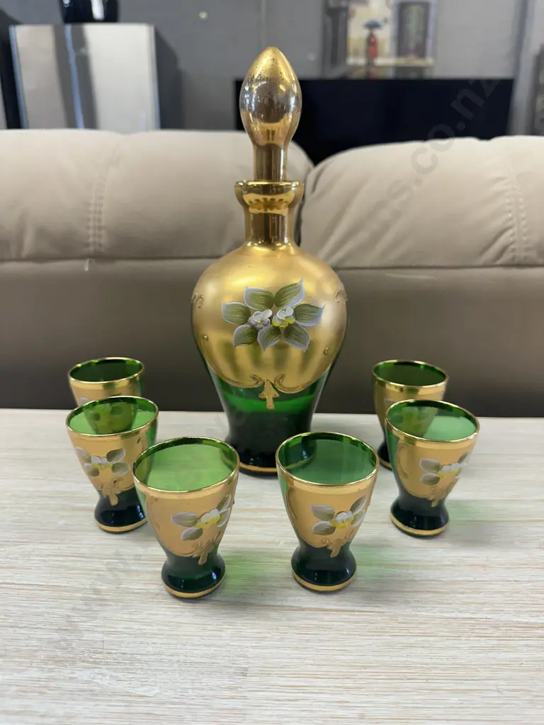 Italian Murano Glass Decanter Green/Gold Floral With Six Glasses Image 1++