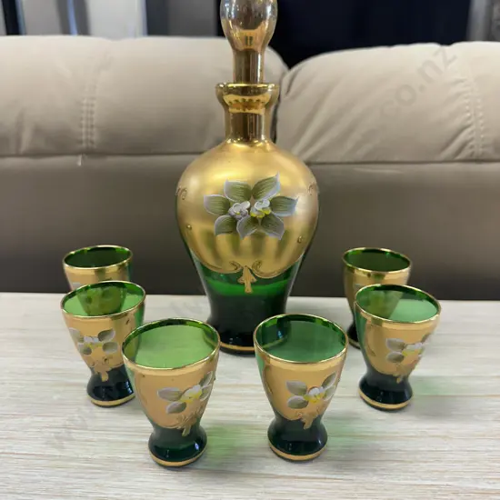 Italian Murano Glass Decanter Green/Gold Floral With Six Glasses