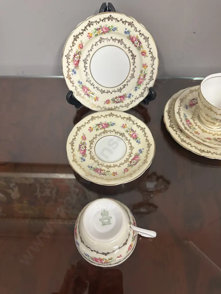 Pair Of Vintage Aynsley Trios Cream & Yellow With Gold & Floral Pattern #C886 Image 1++