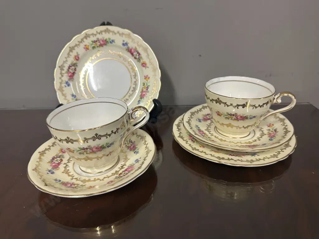 Pair Of Vintage Aynsley Trios Cream & Yellow With Gold & Floral Pattern #C886 Image 1++