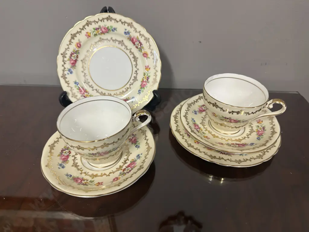Pair Of Vintage Aynsley Trios Cream & Yellow With Gold & Floral Pattern #C886 Image 1++