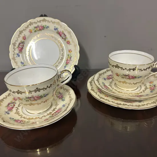 Pair Of Vintage Aynsley Trios Cream & Yellow With Gold & Floral Pattern #C886