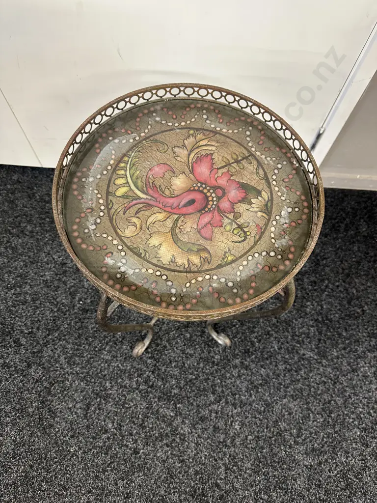 Round Metal Side Table With Decorative Floral Top. 60 x 37cm Image 1++