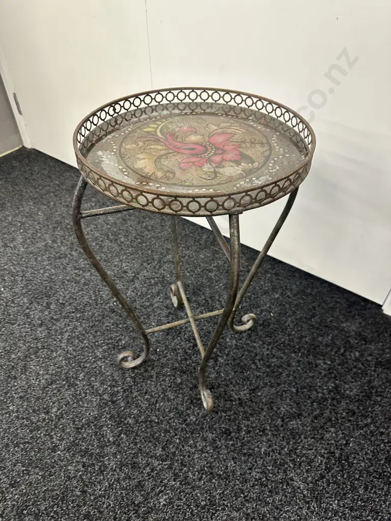 Round Metal Side Table With Decorative Floral Top. 60 x 37cm Image 1++