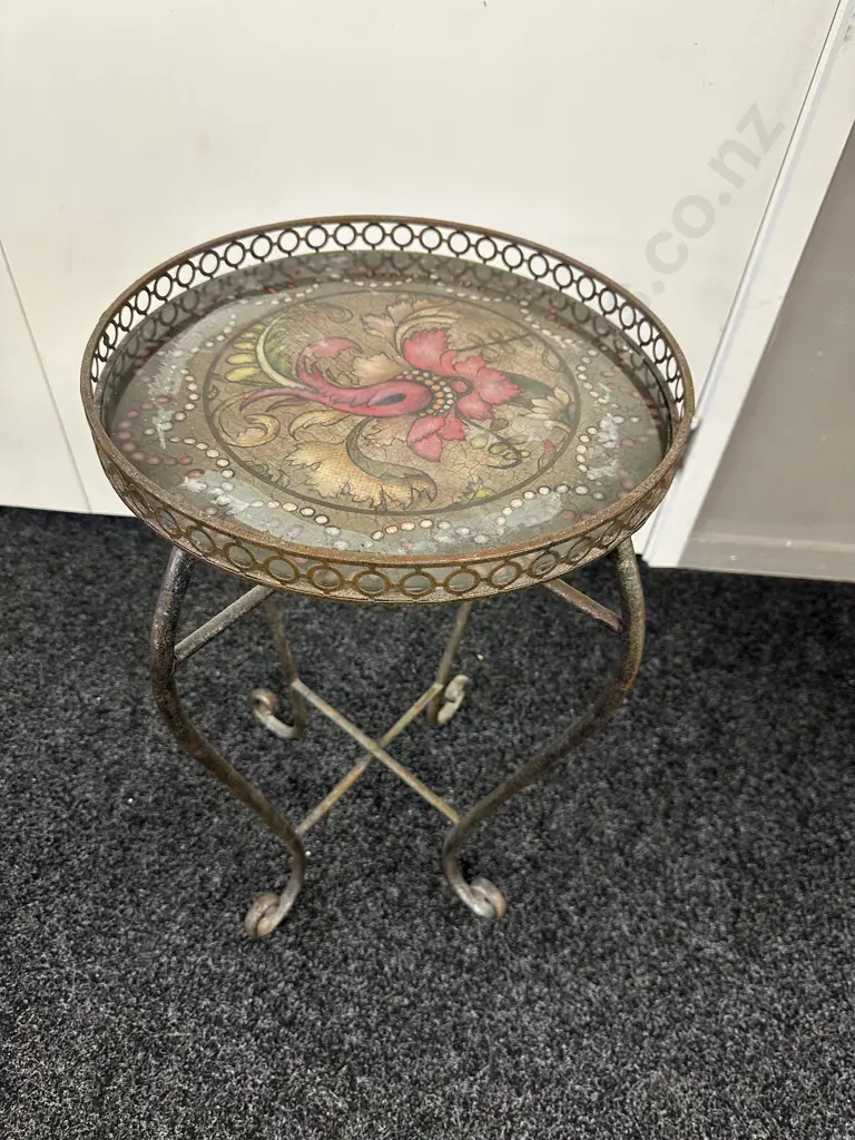 Round Metal Side Table With Decorative Floral Top. 60 x 37cm Image 1++