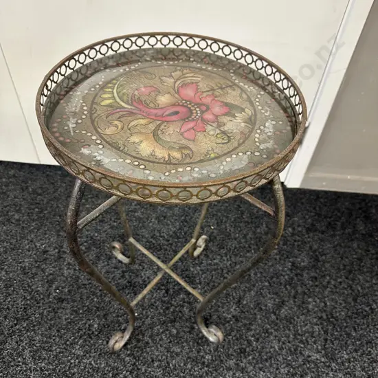 Round Metal Side Table With Decorative Floral Top. 60 x 37cm
