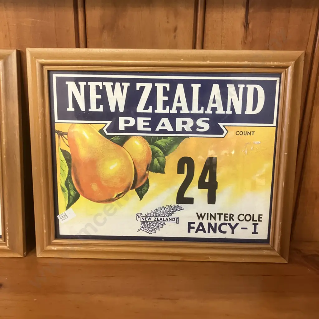 Pair of Framed Vintage New Zealand Pears Box Labels. 25 x 31cm Image 1++