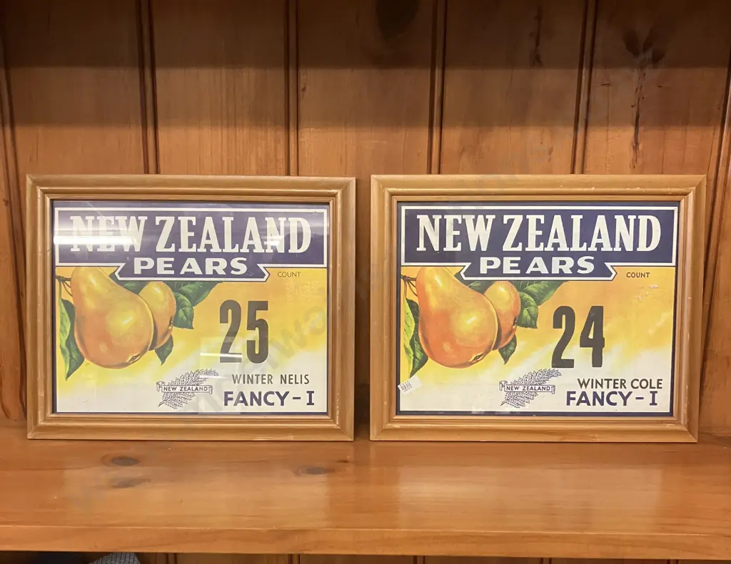 Pair of Framed Vintage New Zealand Pears Box Labels. 25 x 31cm Image 1++