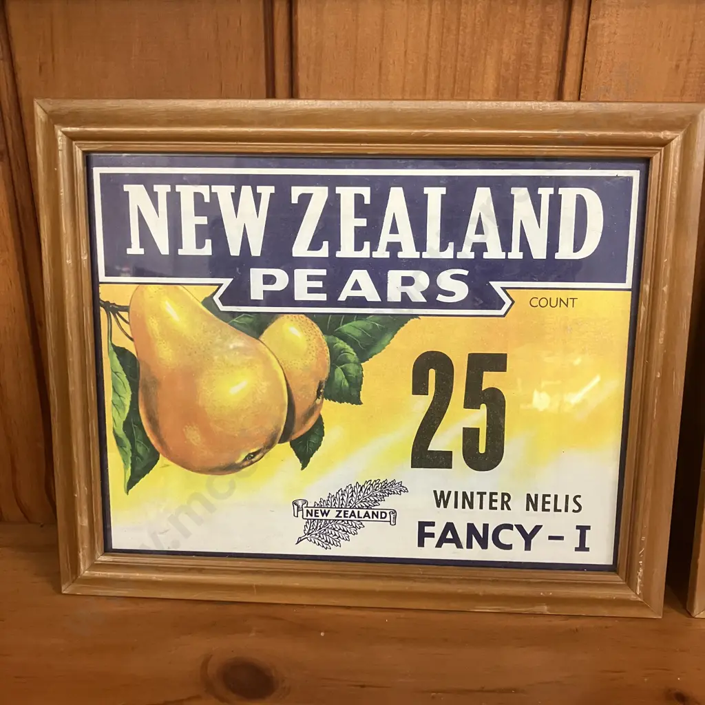 Pair of Framed Vintage New Zealand Pears Box Labels. 25 x 31cm Image 1++