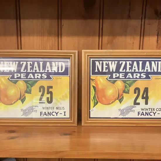Pair of Framed Vintage New Zealand Pears Box Labels. 25 x 31cm
