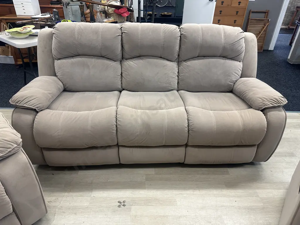 Tan Microsuede 3 Seater Recliner Sofa With 2 Reclining Armchairs Image 1++