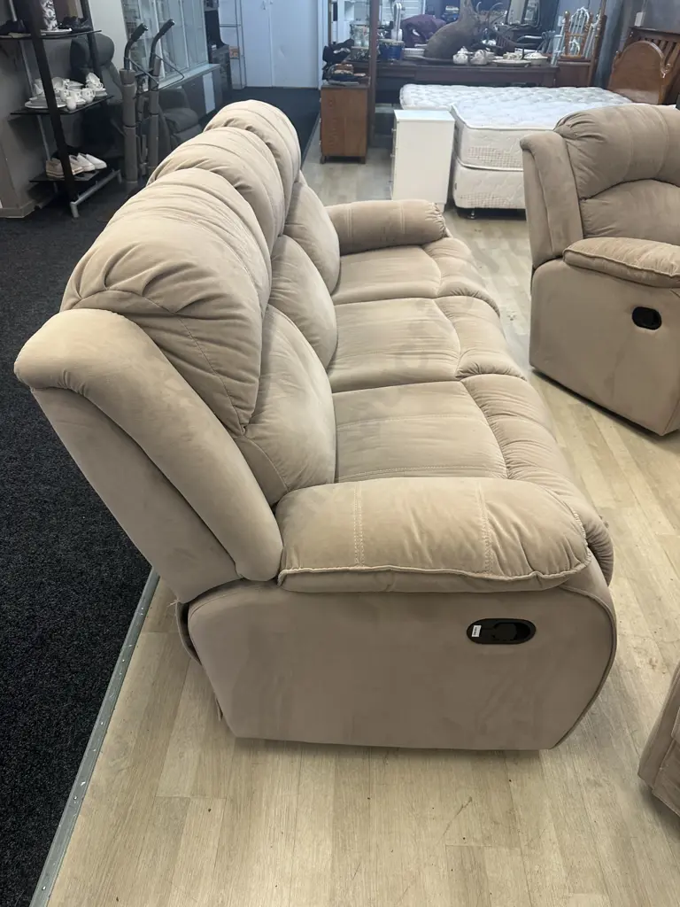Tan Microsuede 3 Seater Recliner Sofa With 2 Reclining Armchairs Image 1++