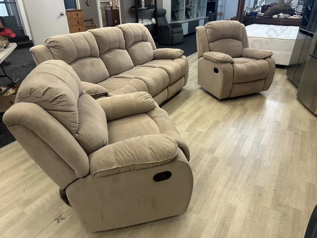 Tan Microsuede 3 Seater Recliner Sofa With 2 Reclining Armchairs Image 1++