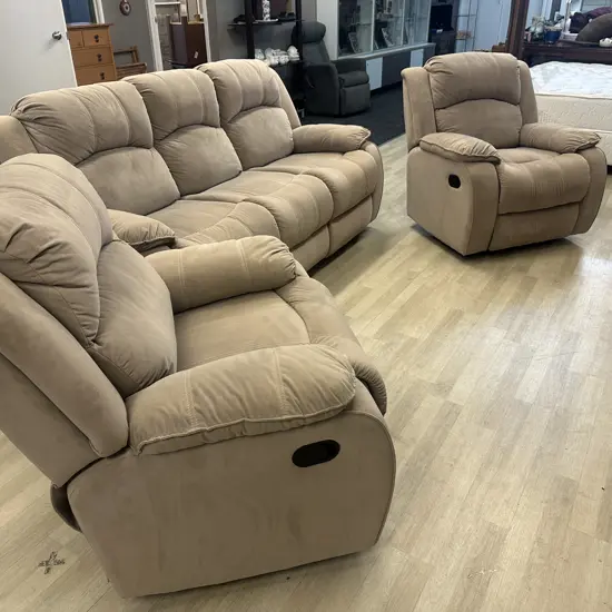 Tan Microsuede 3 Seater Recliner Sofa With 2 Reclining Armchairs