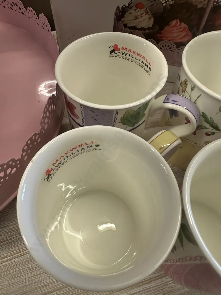 New Pink Three Tier Cake Stand With New Maxwell & Willams Coffee Mugs x6 Image 1++