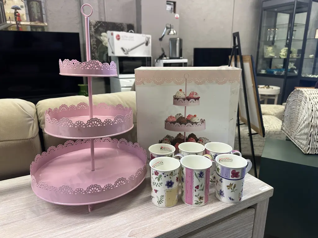 New Pink Three Tier Cake Stand With New Maxwell & Willams Coffee Mugs x6 Image 1++