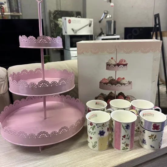 New Pink Three Tier Cake Stand With New Maxwell & Willams Coffee Mugs x6