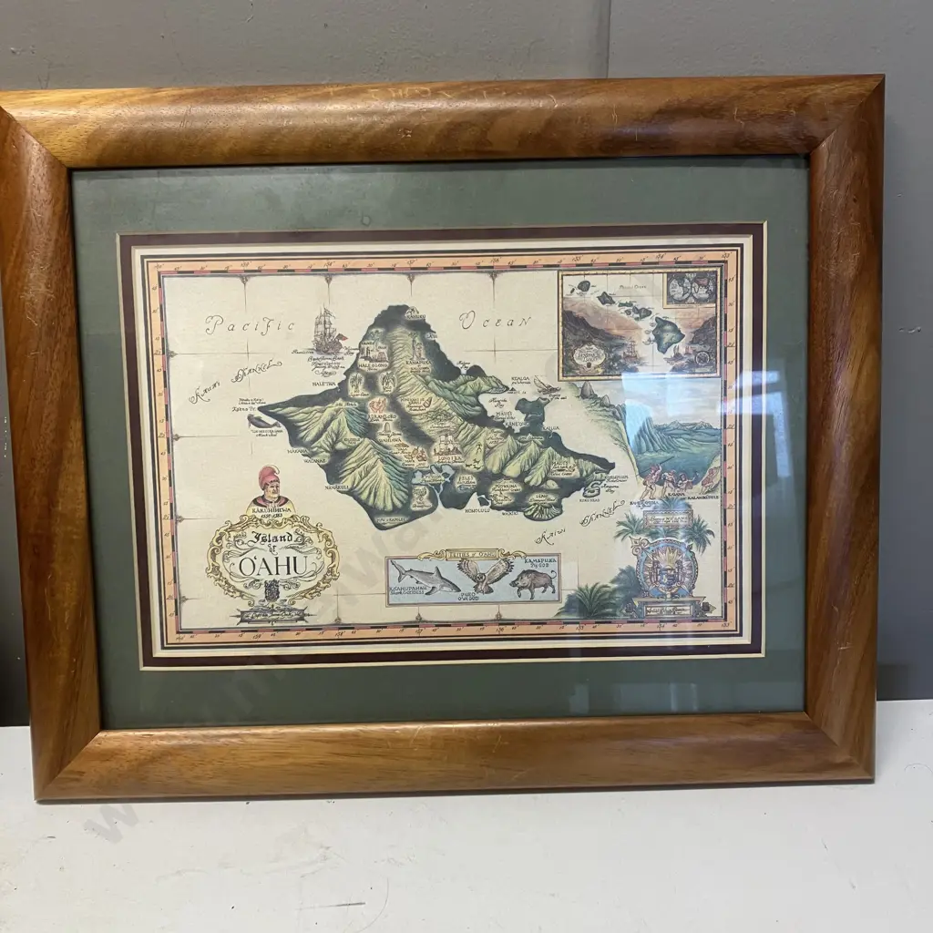 Set of 3 Framed Blaise Domino Picture Maps - Oahu, Maui, The Sandwich Isles. Picture Map Co. 34 x 42cm Image 1++