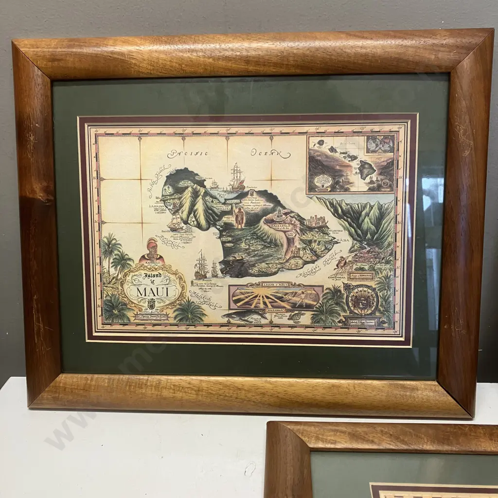 Set of 3 Framed Blaise Domino Picture Maps - Oahu, Maui, The Sandwich Isles. Picture Map Co. 34 x 42cm Image 1++