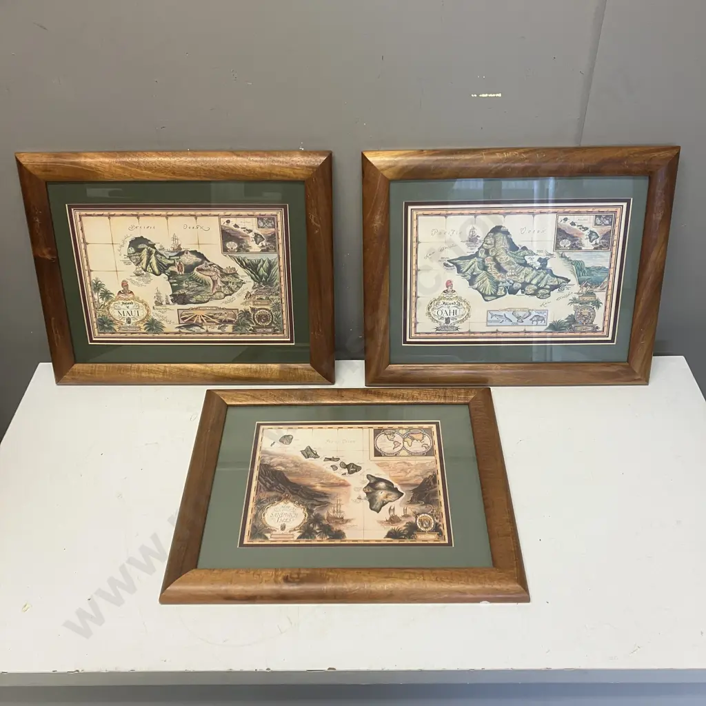 Set of 3 Framed Blaise Domino Picture Maps - Oahu, Maui, The Sandwich Isles. Picture Map Co. 34 x 42cm Image 1++