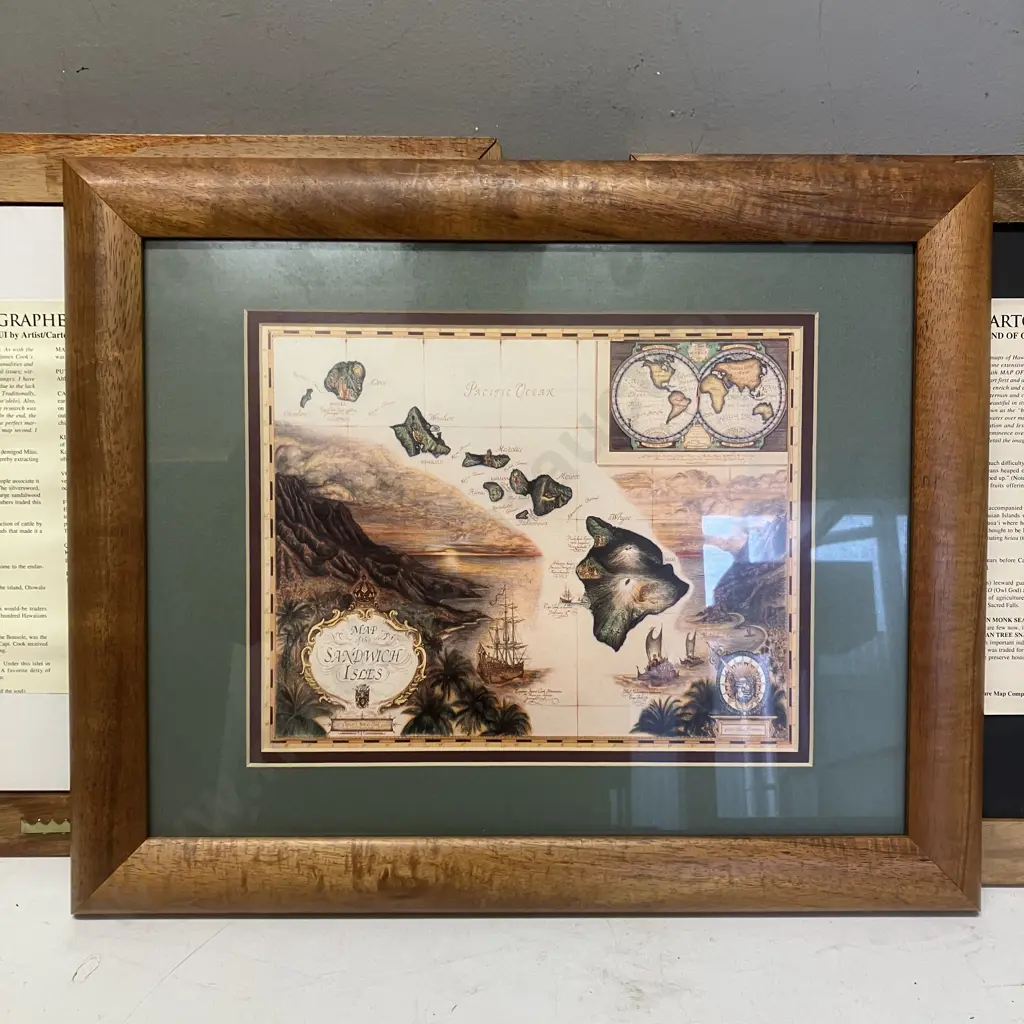 Set of 3 Framed Blaise Domino Picture Maps - Oahu, Maui, The Sandwich Isles. Picture Map Co. 34 x 42cm Image 1++