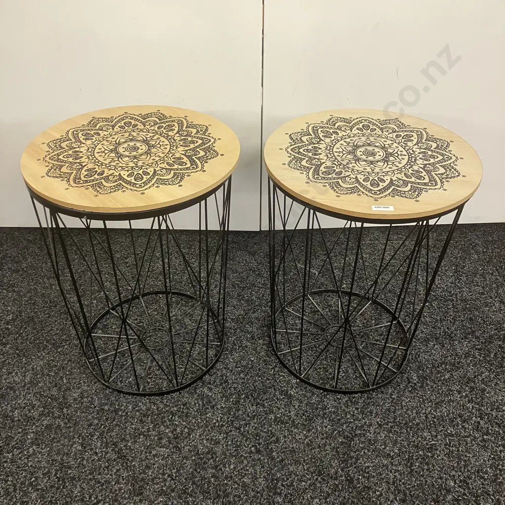 Pair of Black Metal Side Tables With Decorated Round Wooden Tops. 46 x 36cm Image 1++