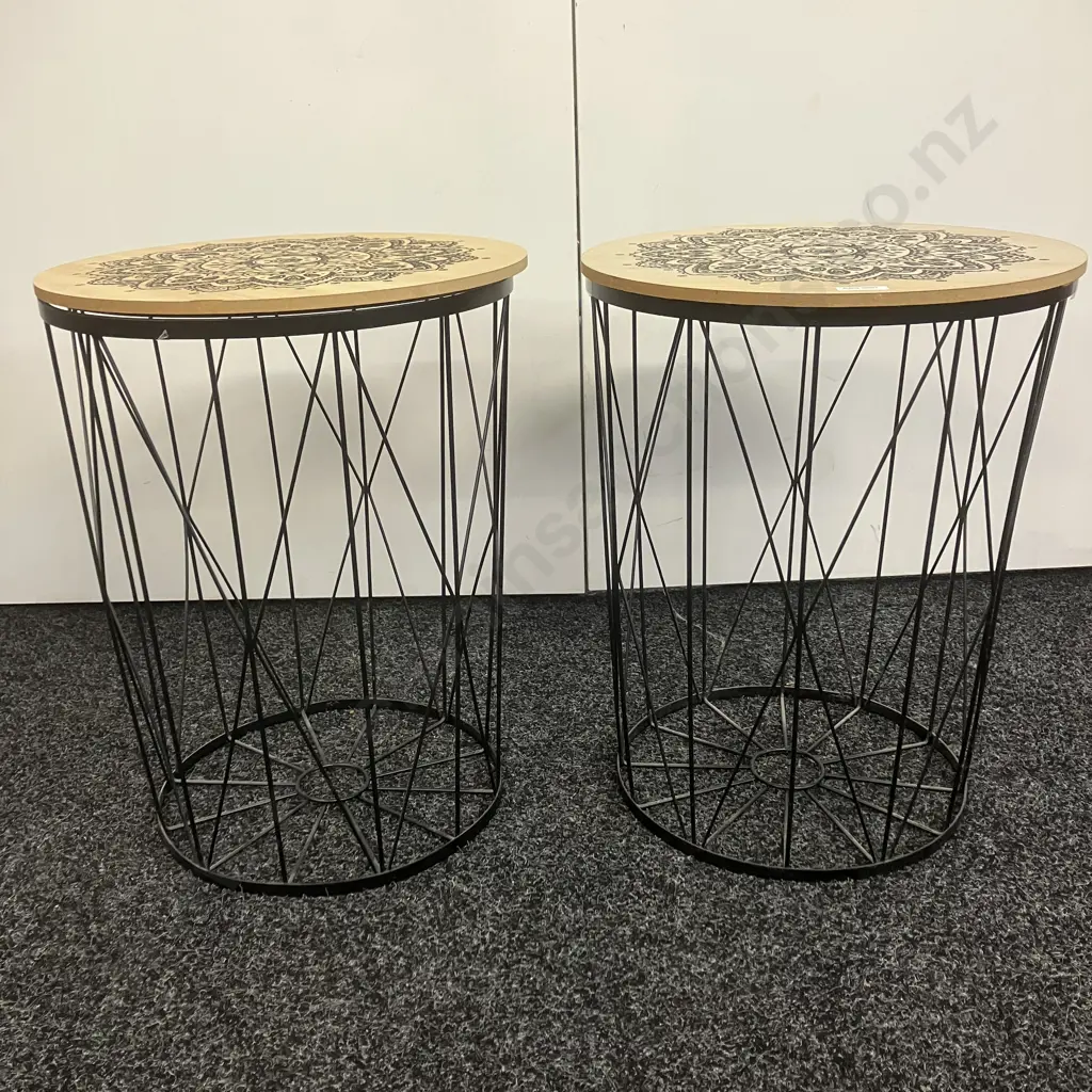Pair of Black Metal Side Tables With Decorated Round Wooden Tops. 46 x 36cm Image 1++